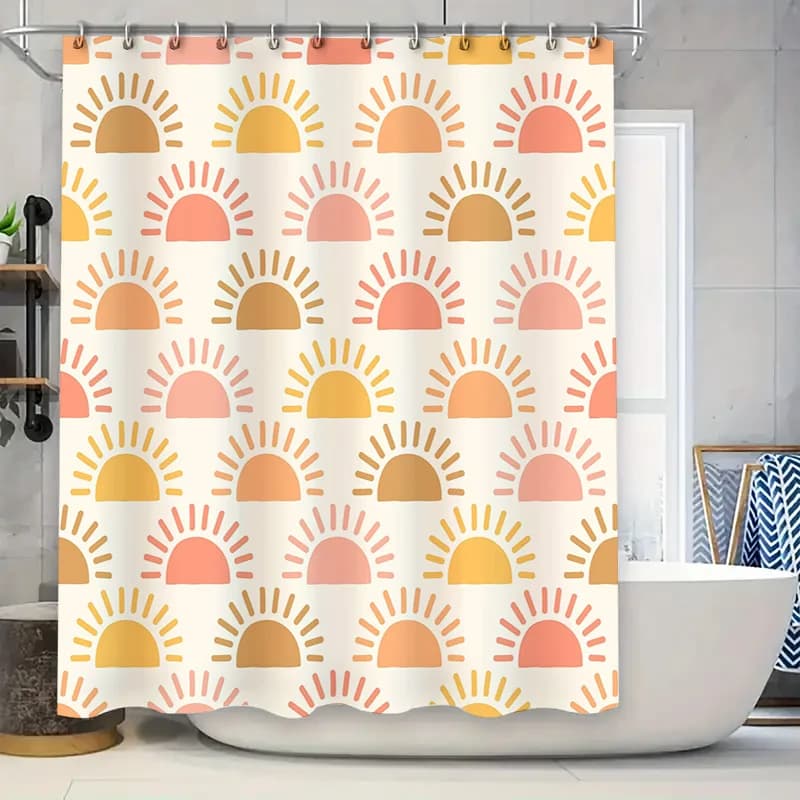 Set di tende da doccia per tappetino da bagno Sunrise per l'arredamento del bagno 180 x 180 cm Colori rosa giallo Stampa raggi solari Tessuto impermeabile Home Deco