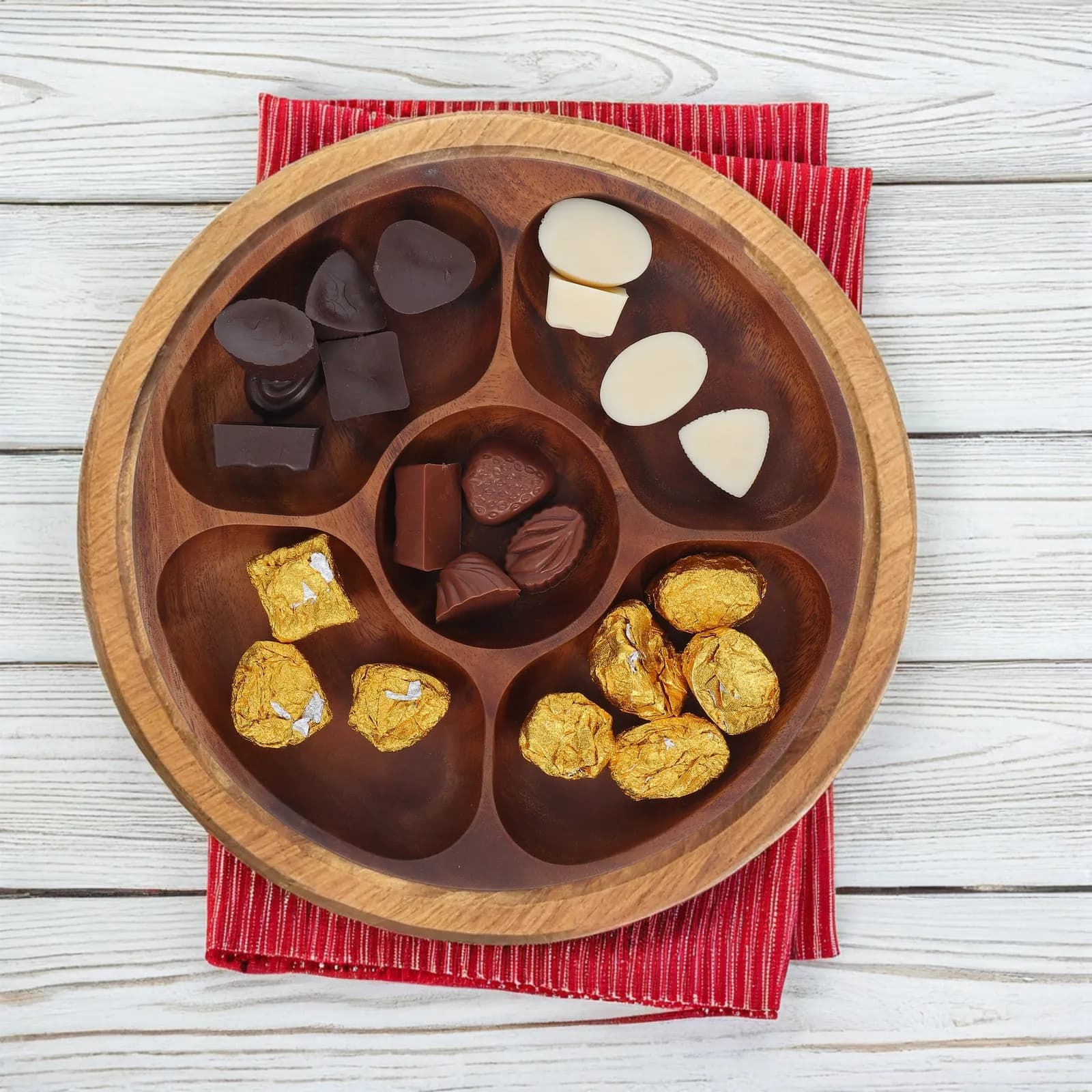 Vassoio di Servizio Rotondo in Legno di Acacia a 5 Scomparti, Piatto Diviso per Snack, Dessert, Antipasti, Frutta Secca, Noci e Caramelle