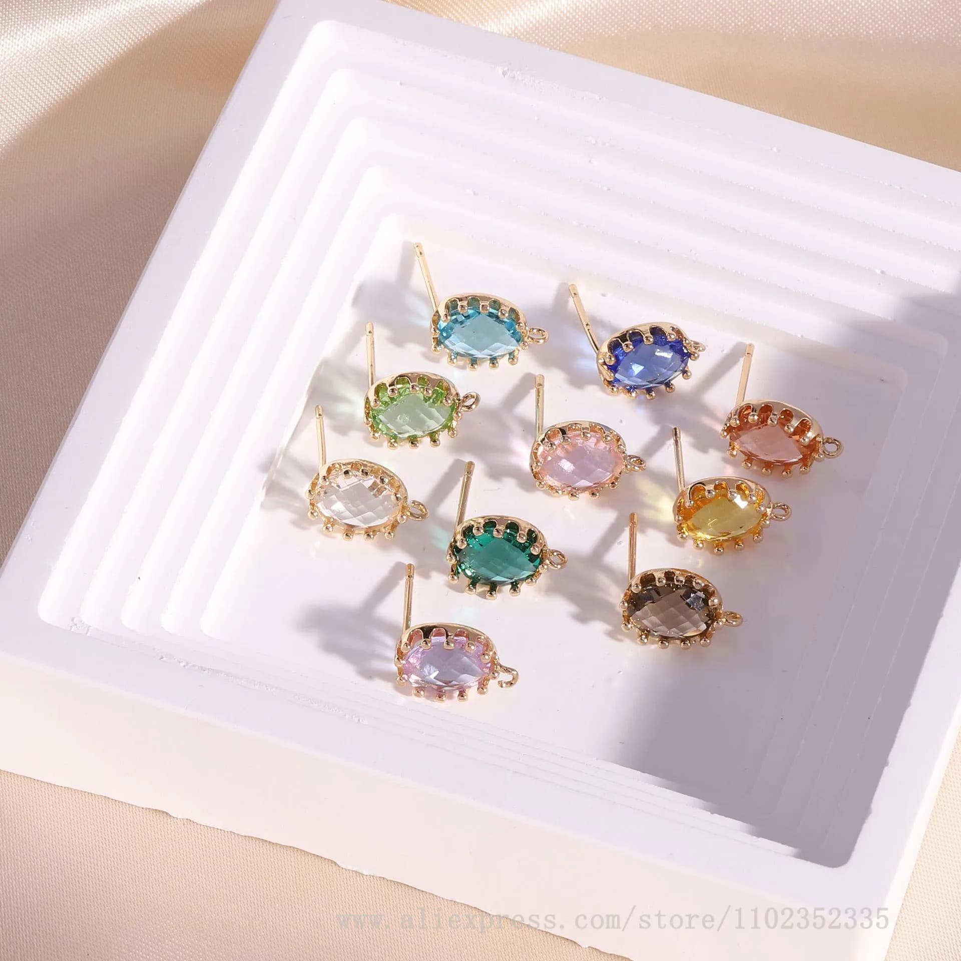10pcs/ Bag 14K gold-plated colored crystal oval earrings DIY earring accessory material 925 silver ear needles