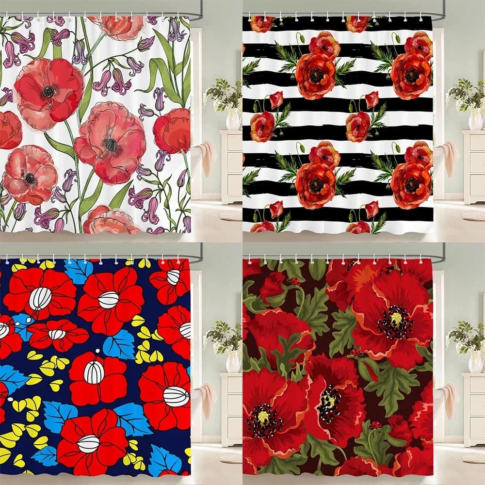 Tende da doccia con fiori rossi Tende da bagno floreali in tessuto impermeabile per vasca da bagno Ampia copertura da bagno larga con ganci
