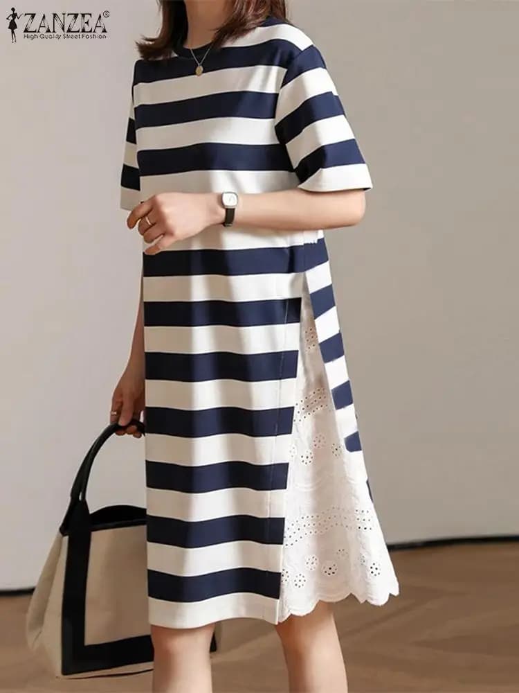 ZANZEA Abito da donna con cuciture in pizzo Casual a righe larghe lavorato a maglia Vestito estivo Moda Estate Manica corta Abito da vacanza O-Collo Abiti
