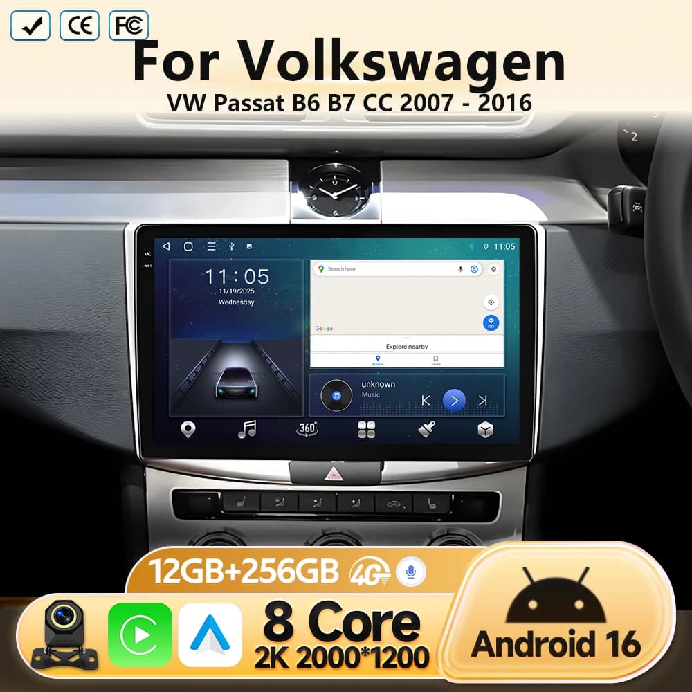 Autoradio Android 16 per Volkswagen VW Passat B6 B7 CC 2007-2016 con Carplay, Navigatore GPS, Lettore Multimediale Video e Bluetooth