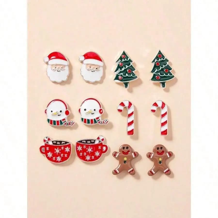 6 Pairs Santa Claus And Christmas Tree Earrings Set