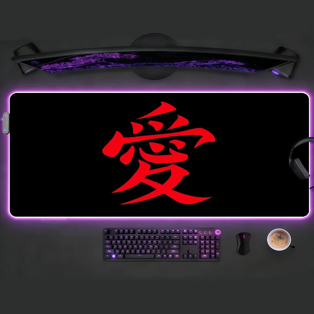 Tappetino per mouse con calligrafia in inchiostro, con scritta cinese che significa amore, RGB LED, per gaming, camera da letto, ufficio, scrivania, antiscivolo, impermeabile, grande