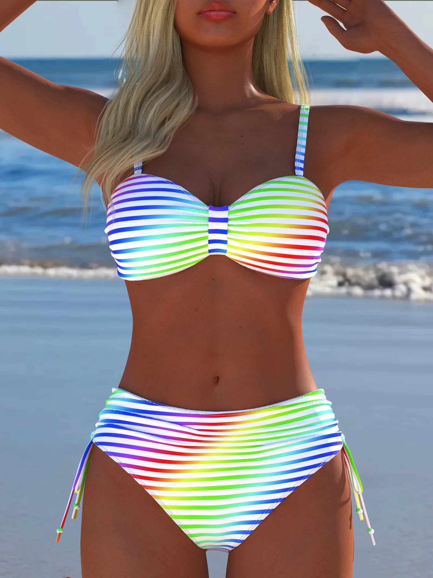 Costume da bagno bikini a fascia a righe arcobaleno da donna 2026, due pezzi con laccetti laterali, per l'estate e la spiaggia, ideale per le vacanze