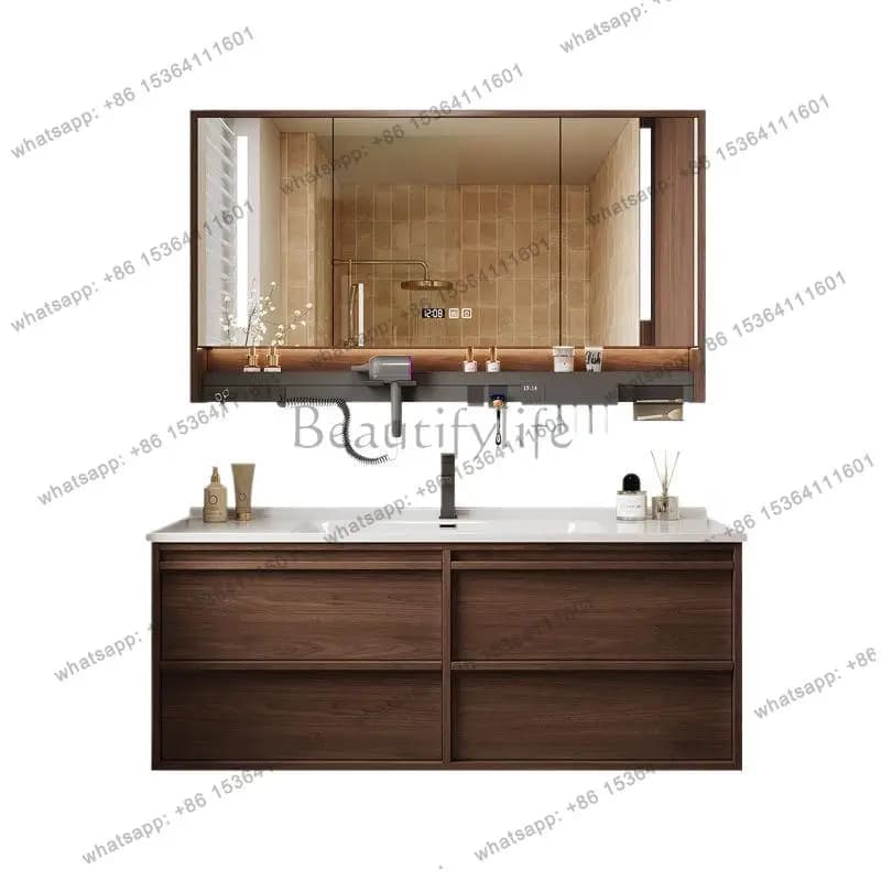 Mobile da Bagno con Lavabo Integrato in Ceramica Anticata, Specchio Intelligente e Armadietto