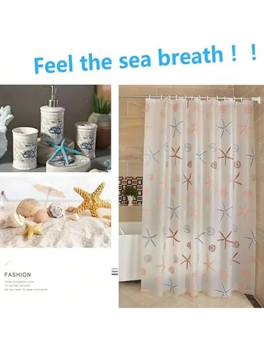 1pc PEVA Waterproof, Moisture-Proof, Mildew-Proof Cute Starfish Pattern Shower Curtain With Metal Hooks
