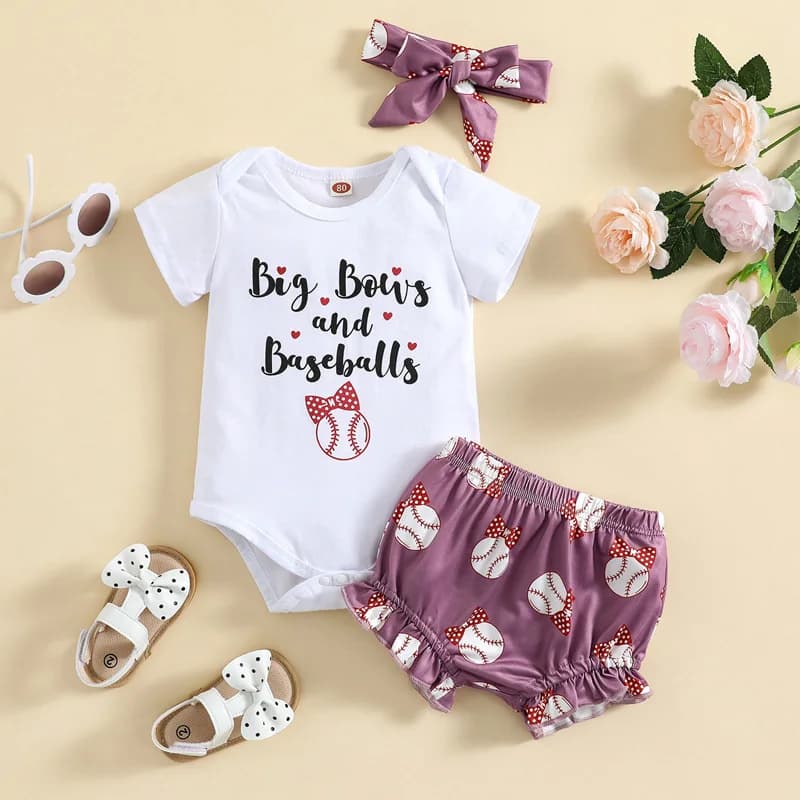 3 pezzi abiti casual per neonato stampa di lettere per bambini manica corta girocollo body pantaloncini con stampa baseball fascia per capelli con fiocco