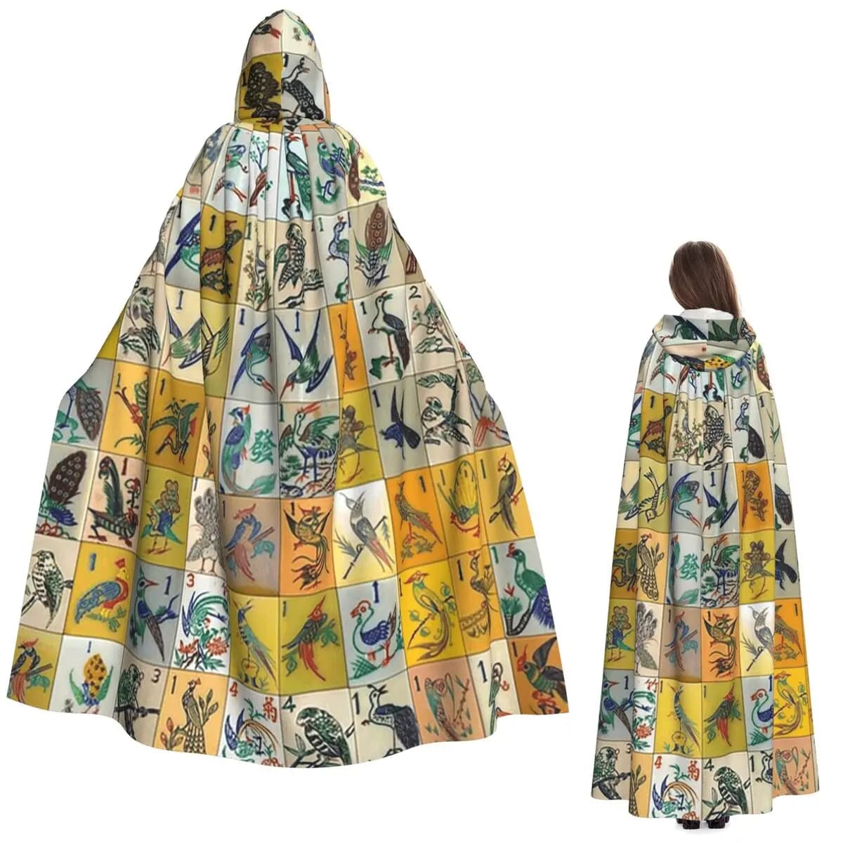 Mantello Lungo con Cappuccio Mah Jongg Birds, Costume da Strega Medievale, Mantello per Cosplay, Cappotto per Halloween, Unisex per Adulti