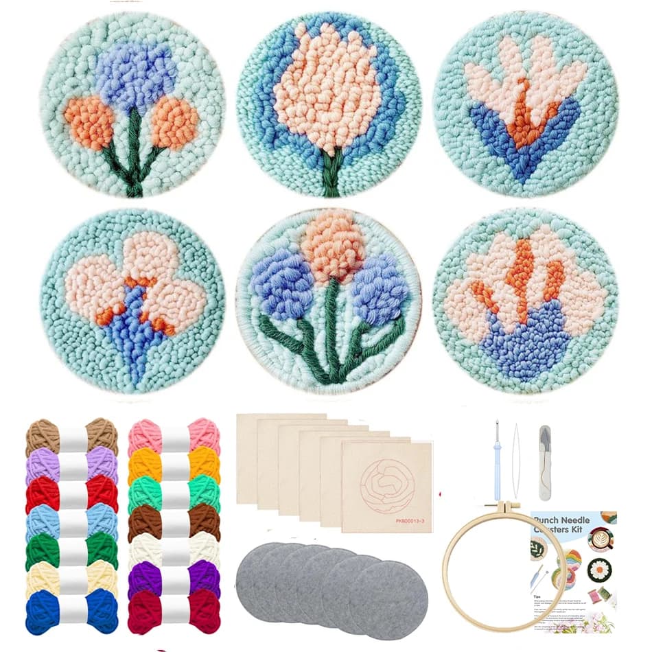 Punch Needle Coaster Kit 6PCS Easy Embroidery Punch Needle Set DIY Tufted Coaster Flower Rug Hooking Kit Craft Needlework