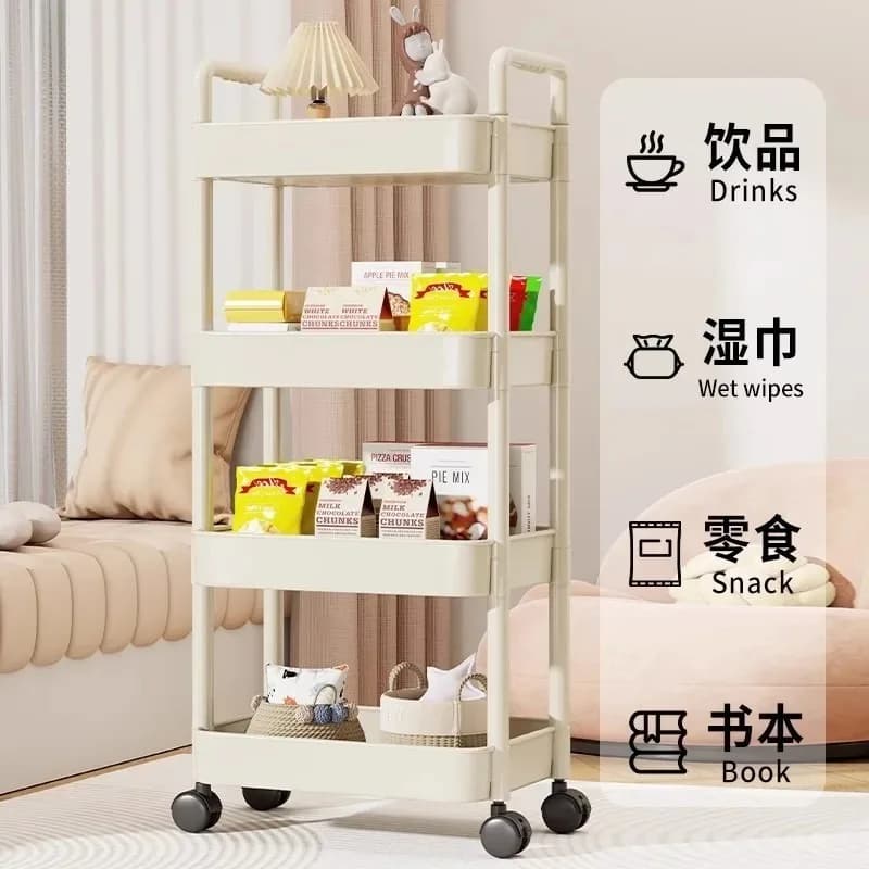 Carrello con Maniglia e Ripiano Portaoggetti, Multilivello, da Terra, per Cucina, Bagno, Snack e Articoli da Toeletta