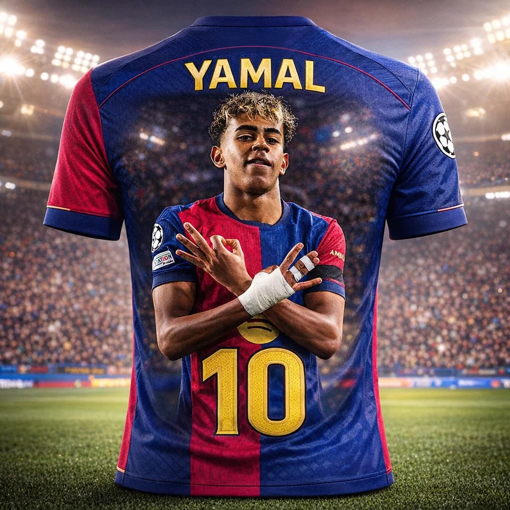 Lamine Yamal # Maglietta da Calcio Barcellona, T-Shirt Rossa e Blu a Maniche Corte per Uomo e Donna, Abbigliamento Casual per Tifosi