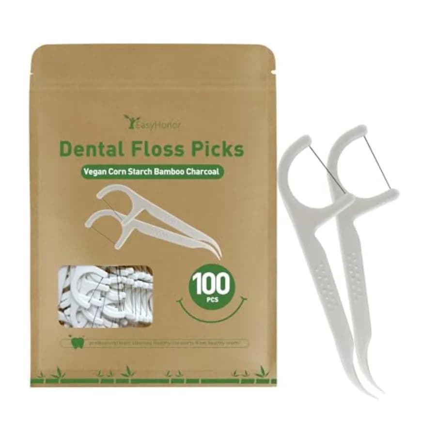 Curated Picks EasyHonor Organic Dental Floss Picks - Natural Biodegradable Floss Sticks with Strong Bamboo Charcoal Thread and