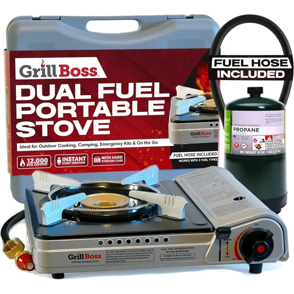 Fornello da Campeggio Portatile a Doppia Alimentazione con Potenza di 12.000 BTU, Protezione dal Vento e Accensione Piezoelettrica per Avventure all'Aperto