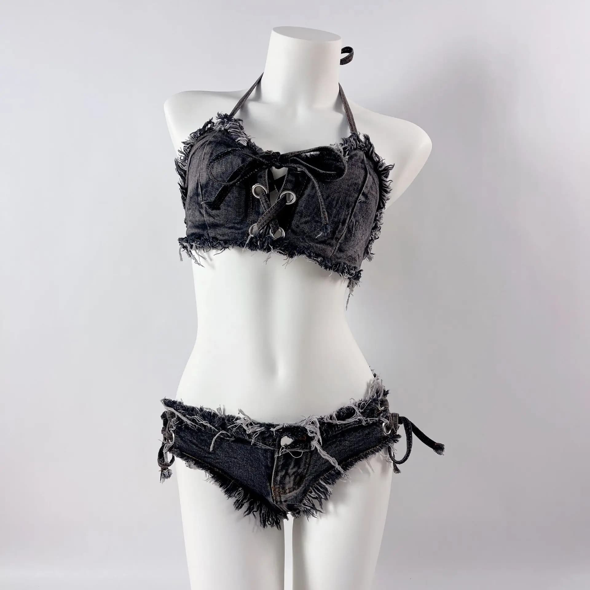 DEKA Set bikini in denim con fasciatura da donna Estate nuovi pantaloncini jeans Costumi da bagno Reggiseno Beach Play e Bar Costume da bagno da discoteca