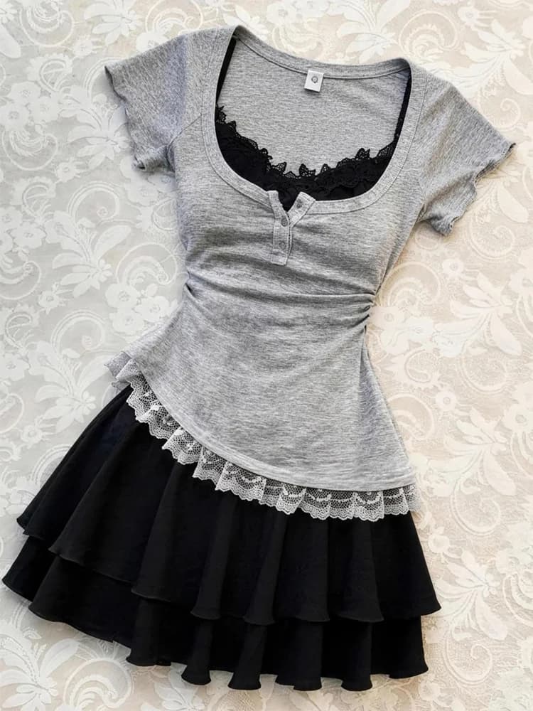 Summer Pure Desire Hot Girl Waist-Cinching Asymmetrical Short Sleeve T-Shirt Women's Black Strap Short Skirt Two-Piece Set
