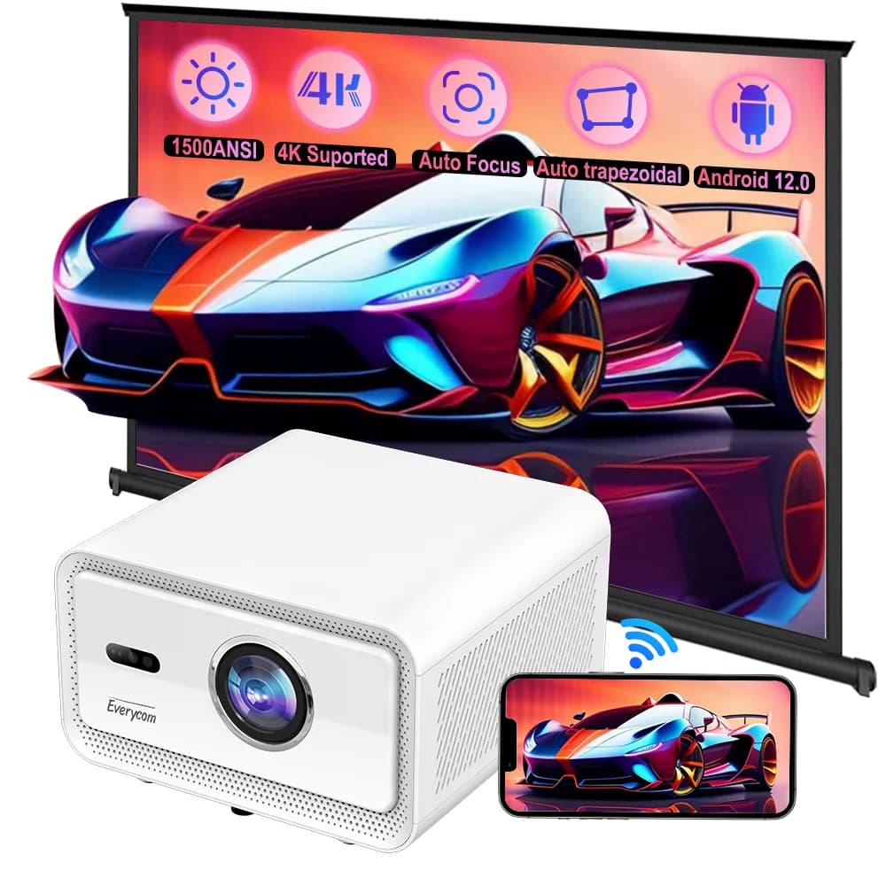 Proiettore Video 4K Reale 1500 ANSI, Schermo a Specchio, Smart Android 12, Proiettore per Home Theater, Mini Proiettore Cubelite 4K 1080P
