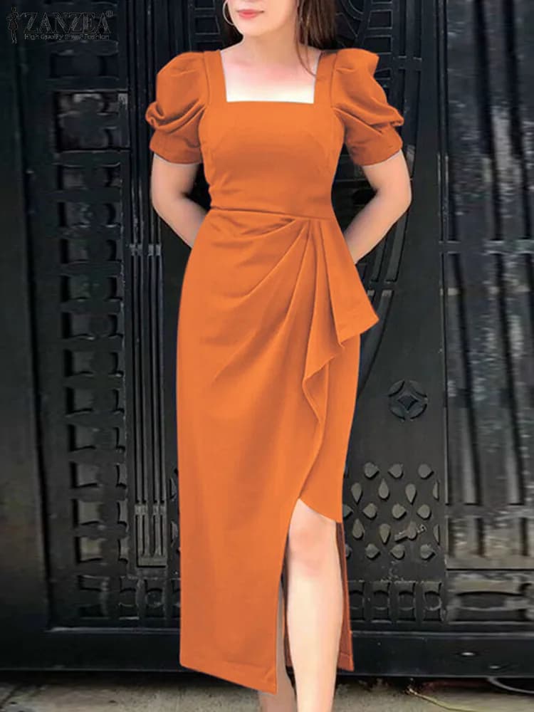 ZANZEA 2025 Donne Eleganti di Estate Sexy Abiti Abito Lungo Collo Quadrato Abito Da Sera Asimmetrico Soffio Manica Corta Veste Femme
