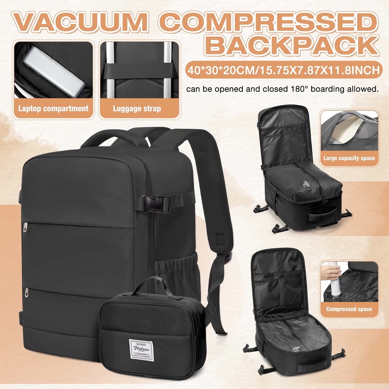 Zaino da Viaggio Sottovuoto, Borsa da Cabina Ryanair 40x30x20 per Brevi Viaggi, Borsa per Laptop 15.6" per Easyjet WizAir, con Beauty Case