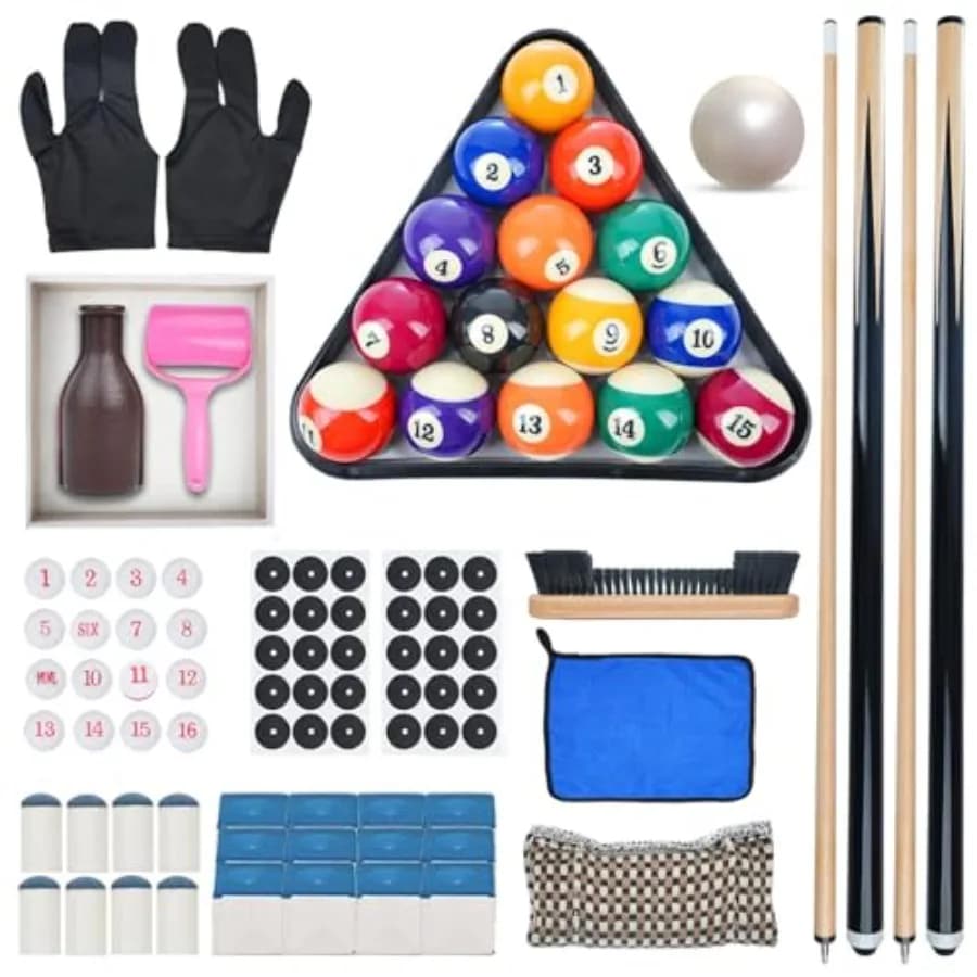 Set da Biliardo - Accessori per Tavolo da Biliardo - Include Palline, Triangolo, Stecche, Gessetti, Punte, Adesivi, Panno e Spazzola