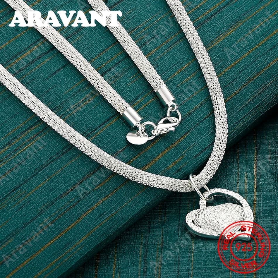 Ciondolo a Cuore Satinato in Argento Sterling 925 con Collana a Maglia Satinata - Accessorio da Ufficio, Gioiello Regalo di Natale