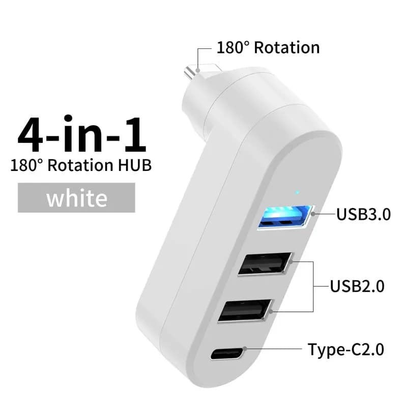 Hub USB C Girevole a 180 Gradi con 4 Porte, Adattatore USB 3.0/2.0 Tipo C per Trasferimento Dati e Ricarica, Stazione di Docking per Laptop e Telefono
