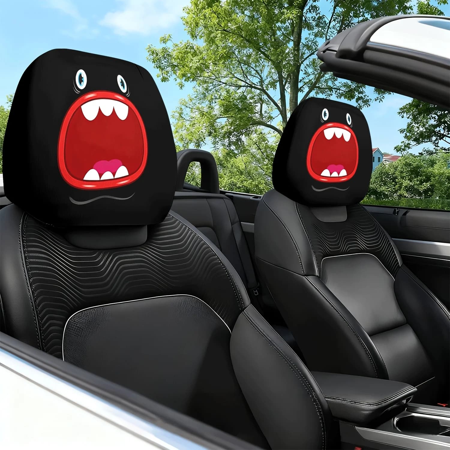 2 pezzi di cuscini per sedile auto con stampa a tema artistico con bocca rossa e occhi blu, protezione per poggiatesta e cuscino per il collo - con design carino - per interni auto