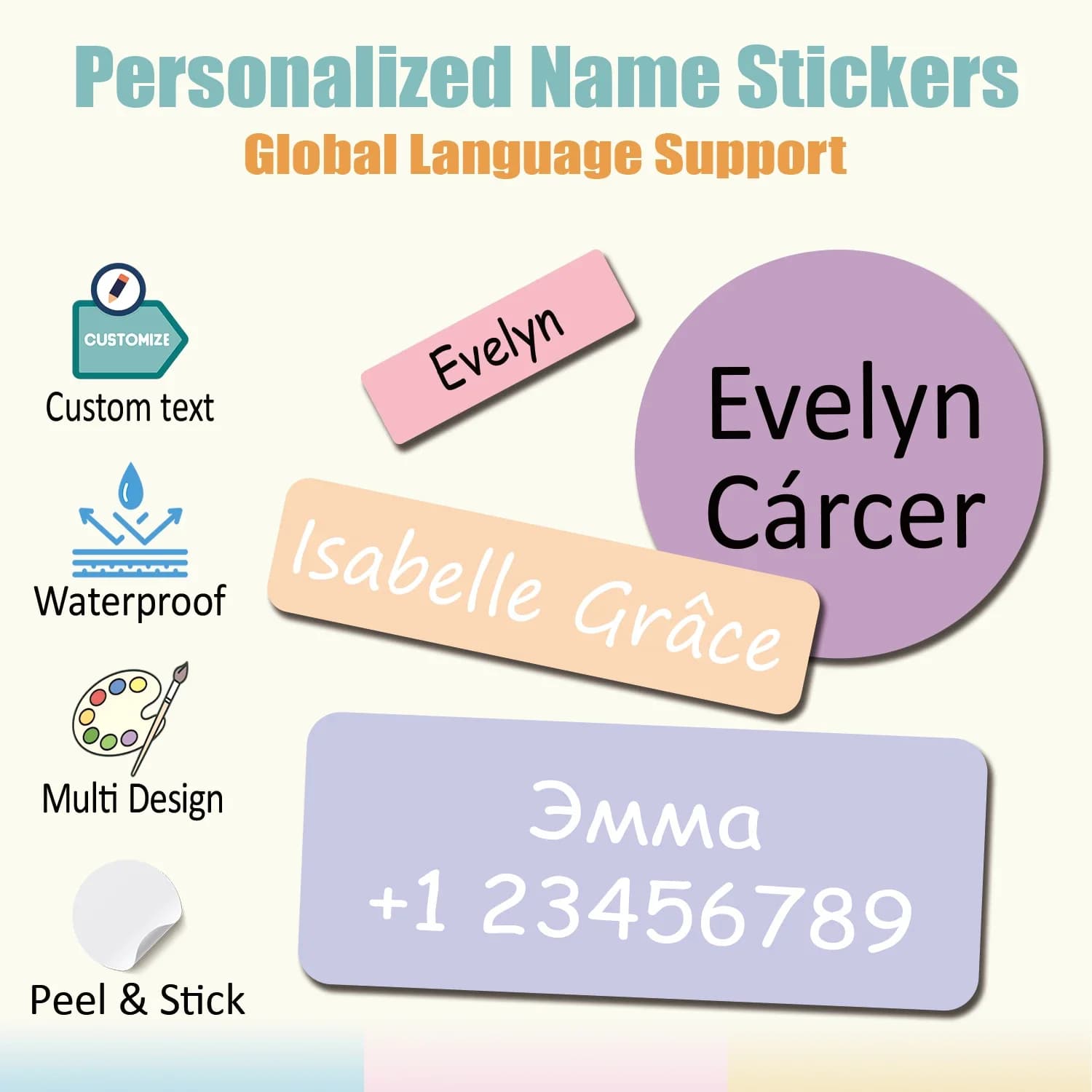 90pcs Personalized Name Stickers Waterproof Multi Size Color Custom Labels Stick on Tag Kids Teacher School Daycare Camp Pack