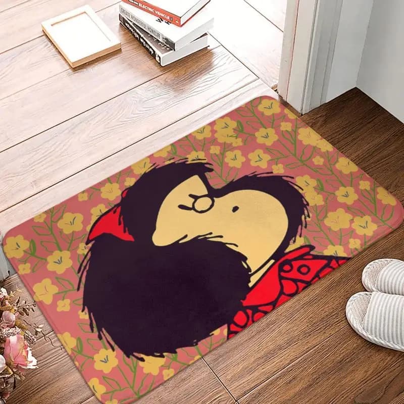 Custom Mafalda And Flowers Front Floor Door Entrance Mat Outdoor Quino Kawaii Cartoon Bath Kitchen Doormat Toilet Carpet Rug