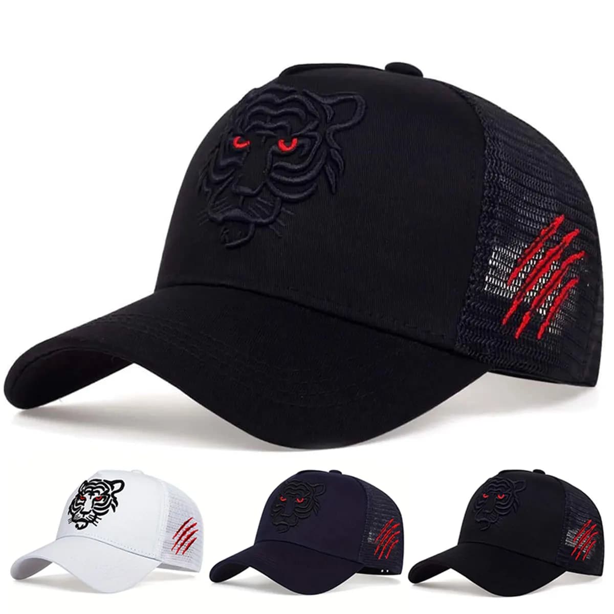 Unisex Adjustable Tiger Head Embroidery Mesh Hat Baseball Cap Trucker Hat Breathable Sun Protection Outdoor Hat