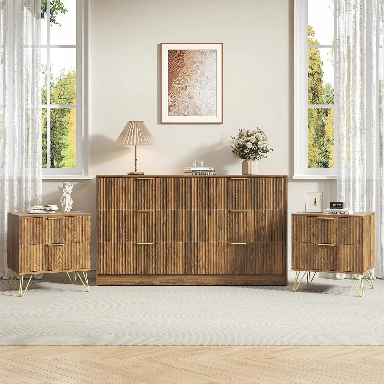 6 Drawer Dresser & Nightstand Set for Bedroom, 3 Pcs Walnut Furniture with Gold Handles, Modern Wood Storage Cabinet, Customized