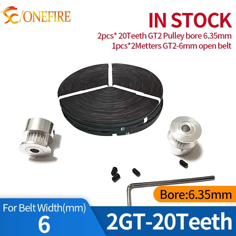 2 pezzi GT2 20 denti puleggia dentata foro 6,35 mm + 2 metri cinghia dentata GT2 larghezza 6 mm per stampante 3D