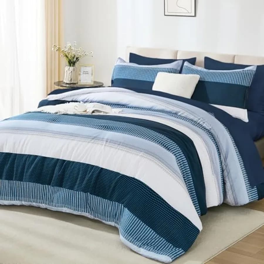 Set Copripiumino Blu Navy - 7 Pezzi, Set Letto a Righe Morbido per Tutte le Stagioni, Set Biancheria da Letto Patchwork con Copripiumino, Lenzuolo con Angoli e Lenzuolo Piatto