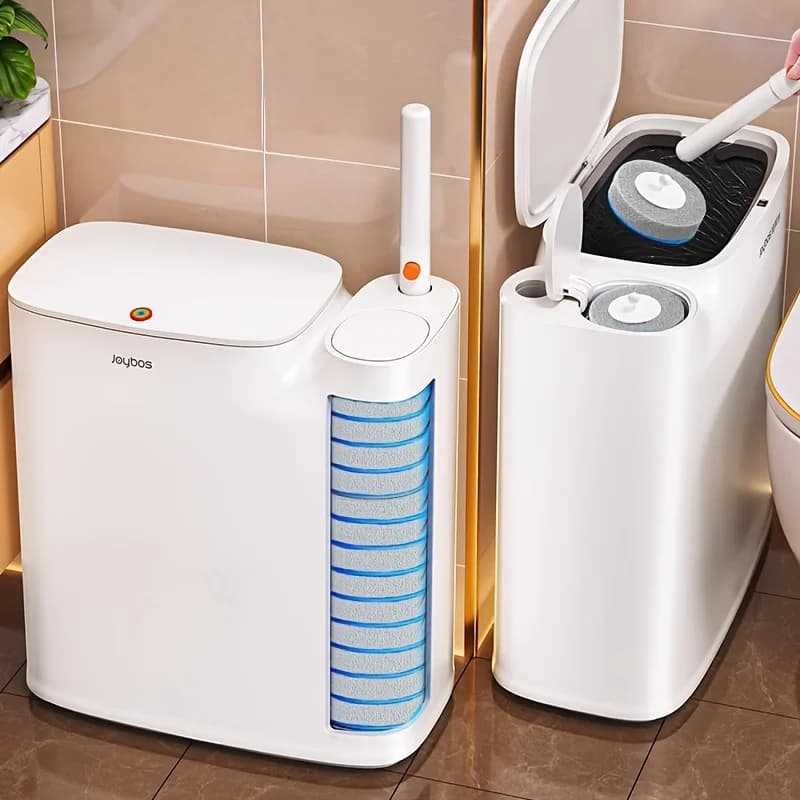 2-in-1 Trash Can With Toilet Brush And Brush Head | White Rectangular Modern Bathroom Narrow Seam Trash Can With Push-On Lid