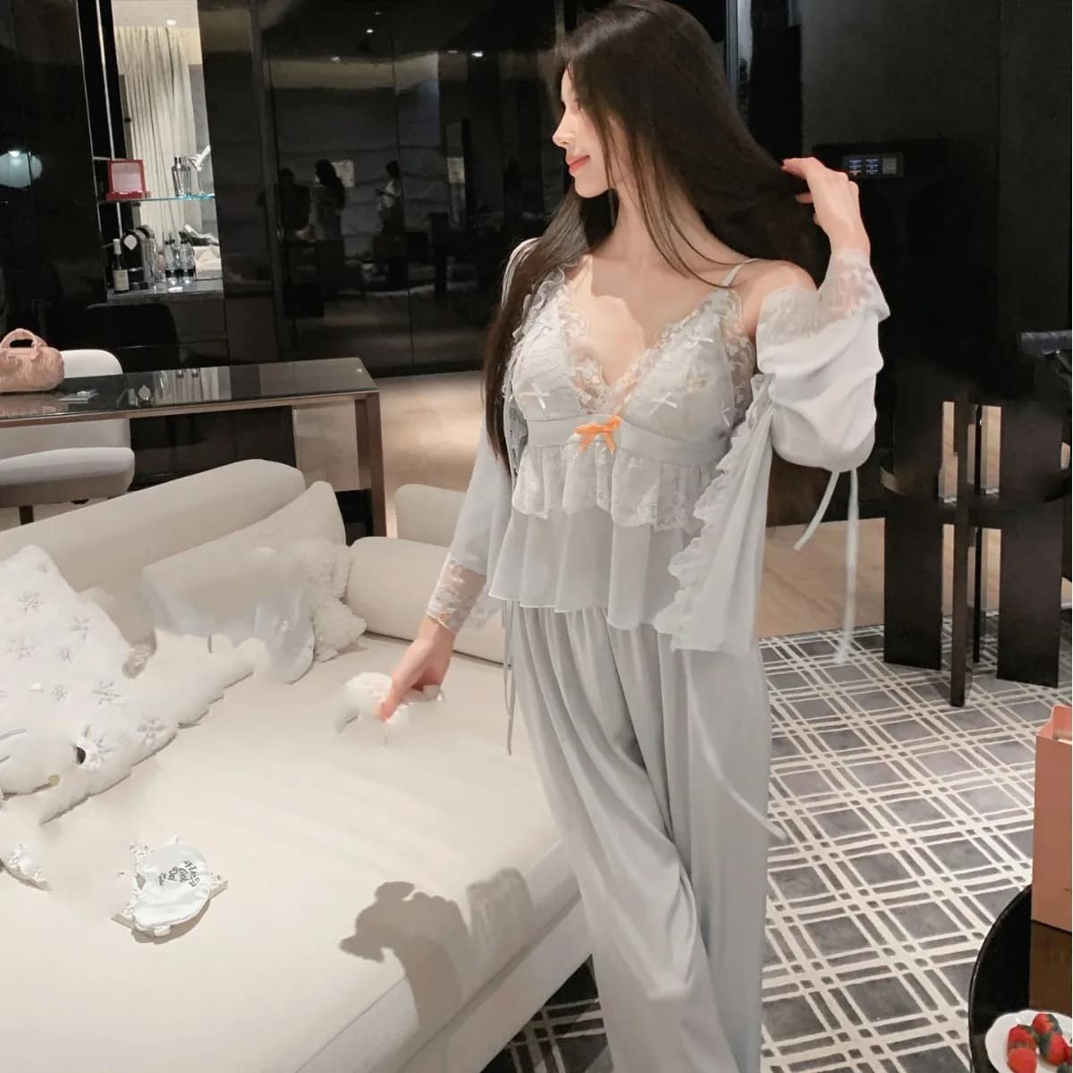 Women Nighty Sleepwear Suit Satin Lace Applique Shirt Sling Shorts Pants Nightwear Casual Loose Nightgown