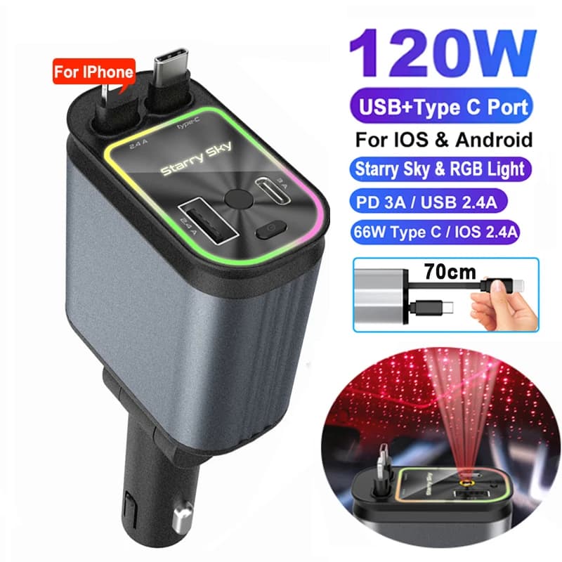 Caricatore per auto retrattile da 120 W Caricatore rapido USB + Adattatore di alimentazione PD30W Caricatore per telefono 4 in 1 con tetto Starlight per telefono Android IOS