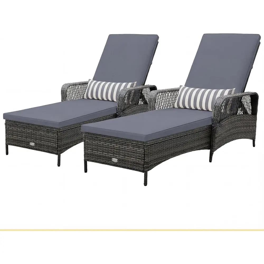 Set di 2 Chaise Longue da Esterno in PE Wicker con Cuscino, Schienale Regolabile, Cuscino per la Testa, per Patio, Balcone, Bordo Piscina