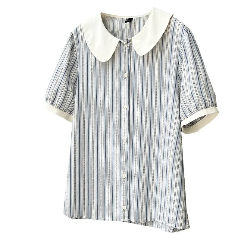 2026 Summer Plus Size Striped Peter Pan Collar Open Blouse Short Sleeve Elegant Cotton Daily Shirt Curvy Ladies 2602