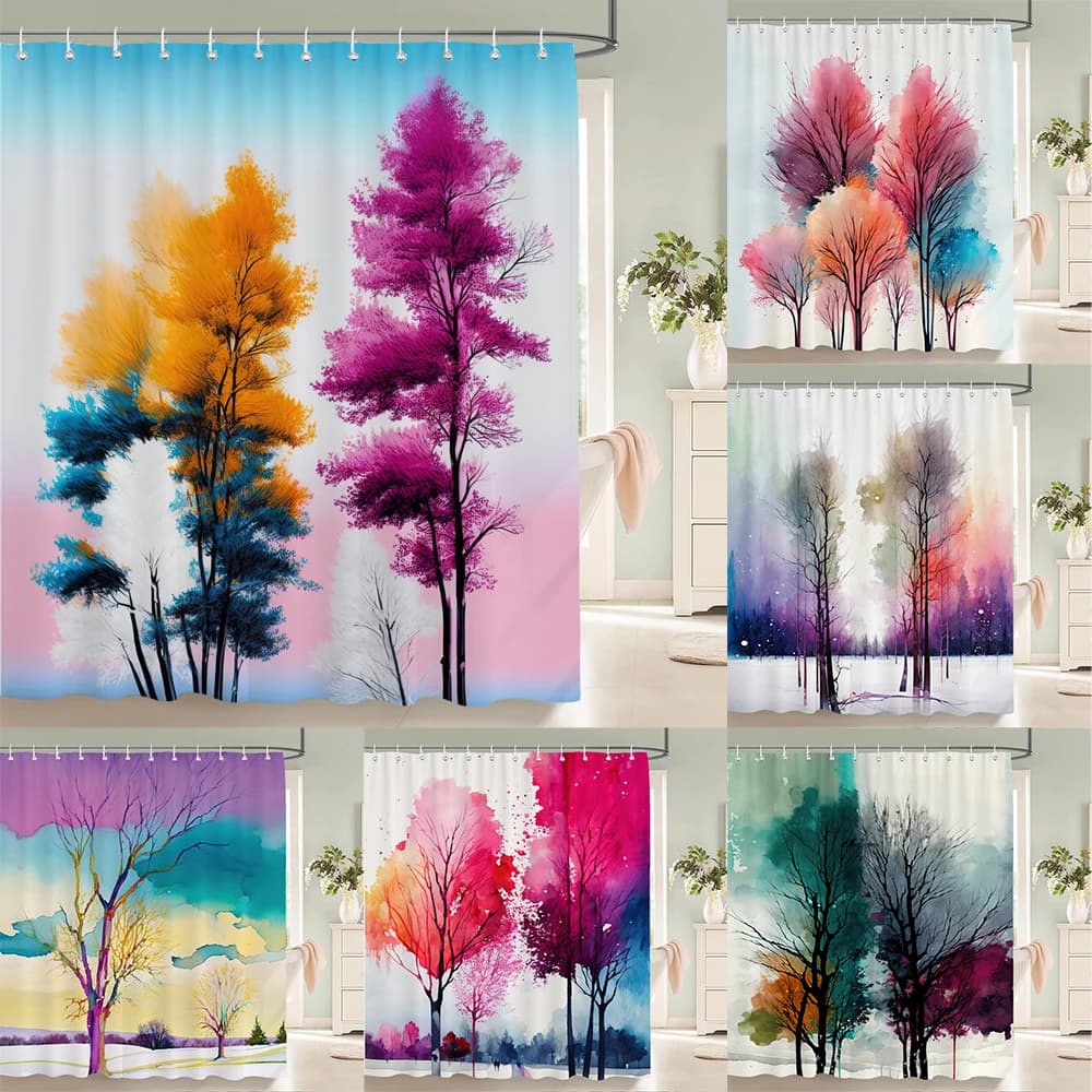 Tenda da Doccia 3D con Albero ad Acquerello, Motivo Floreale Stampato, in Tessuto Impermeabile di Poliestere, Decorazione per Bagno con Ganci