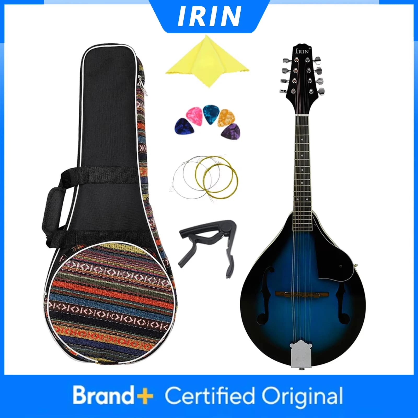 IRIN Mandolino Acustico a 8 Corde, Corpo in Tiglio, Stile A, con Borsa, Plettri, Capotasto, Parti e Accessori per Chitarra