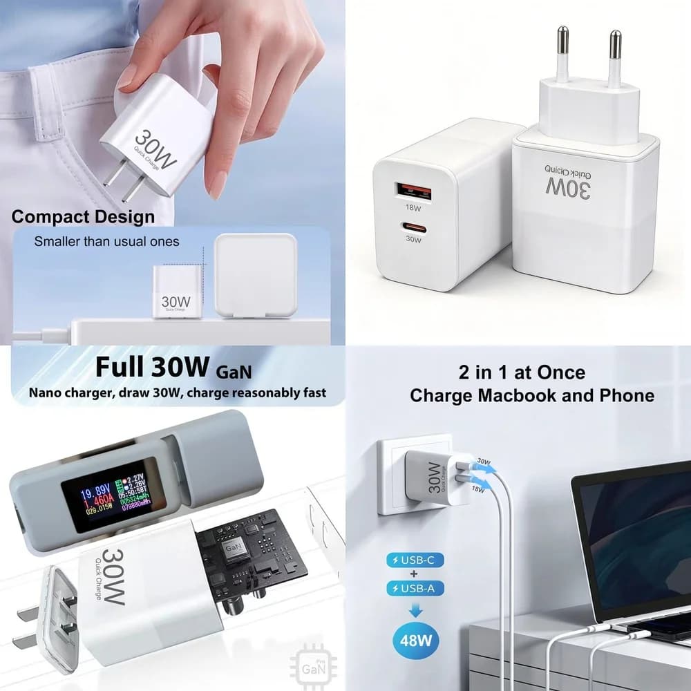 Safe 30W Type C Fast Charger Dual Port US EU Plug Charging Brick for iPhone 17 16 15 Pro Max Samsung Galaxy S26 S25 S24 Ultra