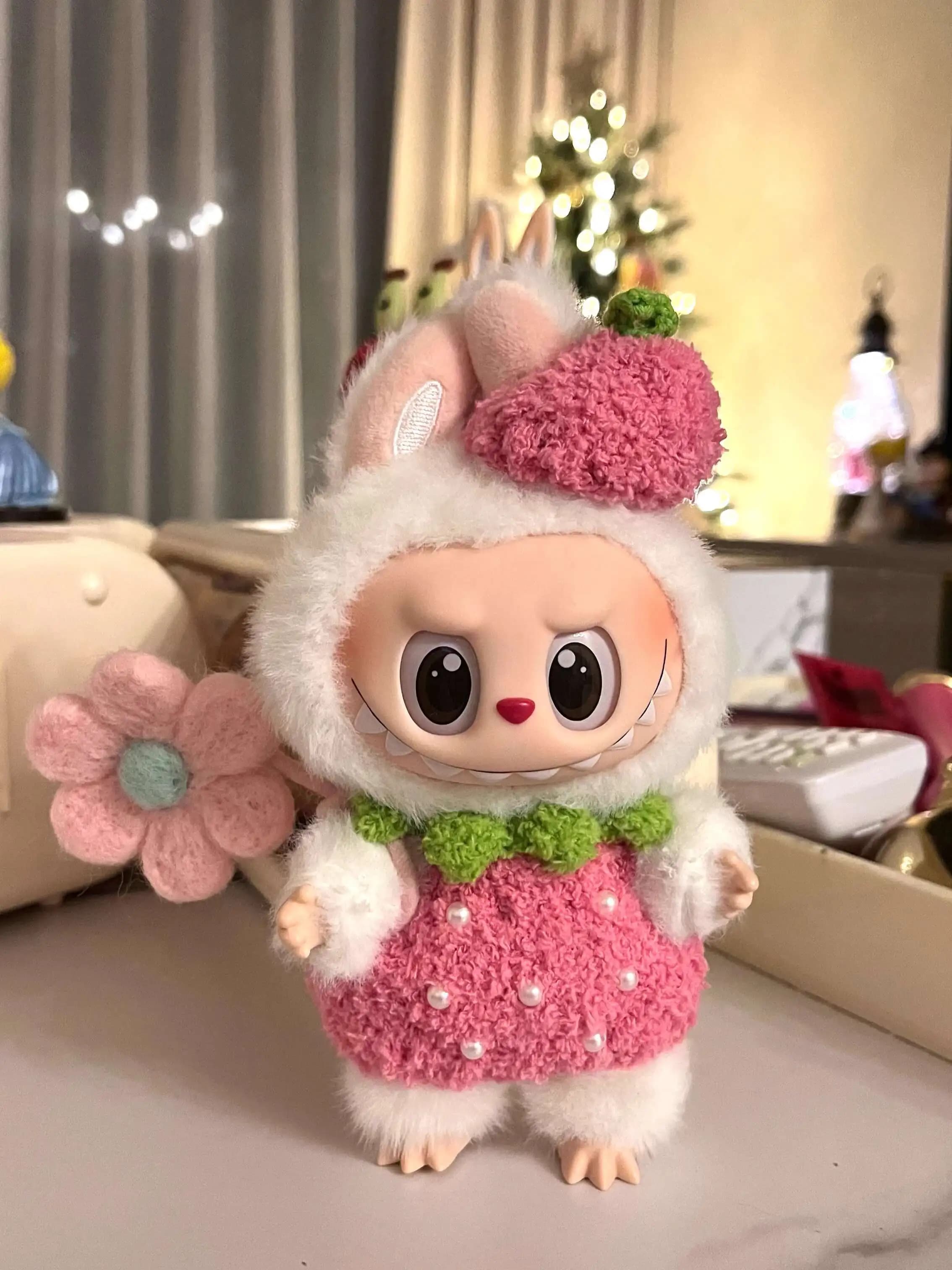 17cm Labubu doll Clothes Pendant Macaron v1 v2 Strawberry Knitted Set Cute Mini Plush Doll'S Clothes Outfit Accessories Clothing
