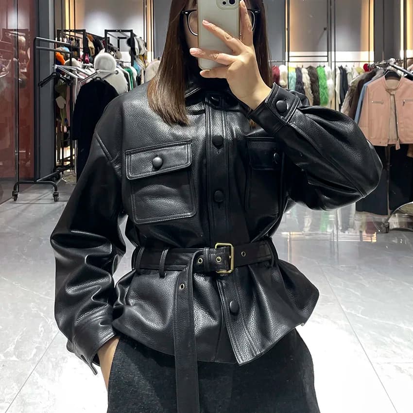 JANEFUR Women Spring Coat Elegant Female Genuine Leather Jacket Lapel Belt Sheepskin Streetwear Black Office Lady JFB6-25006