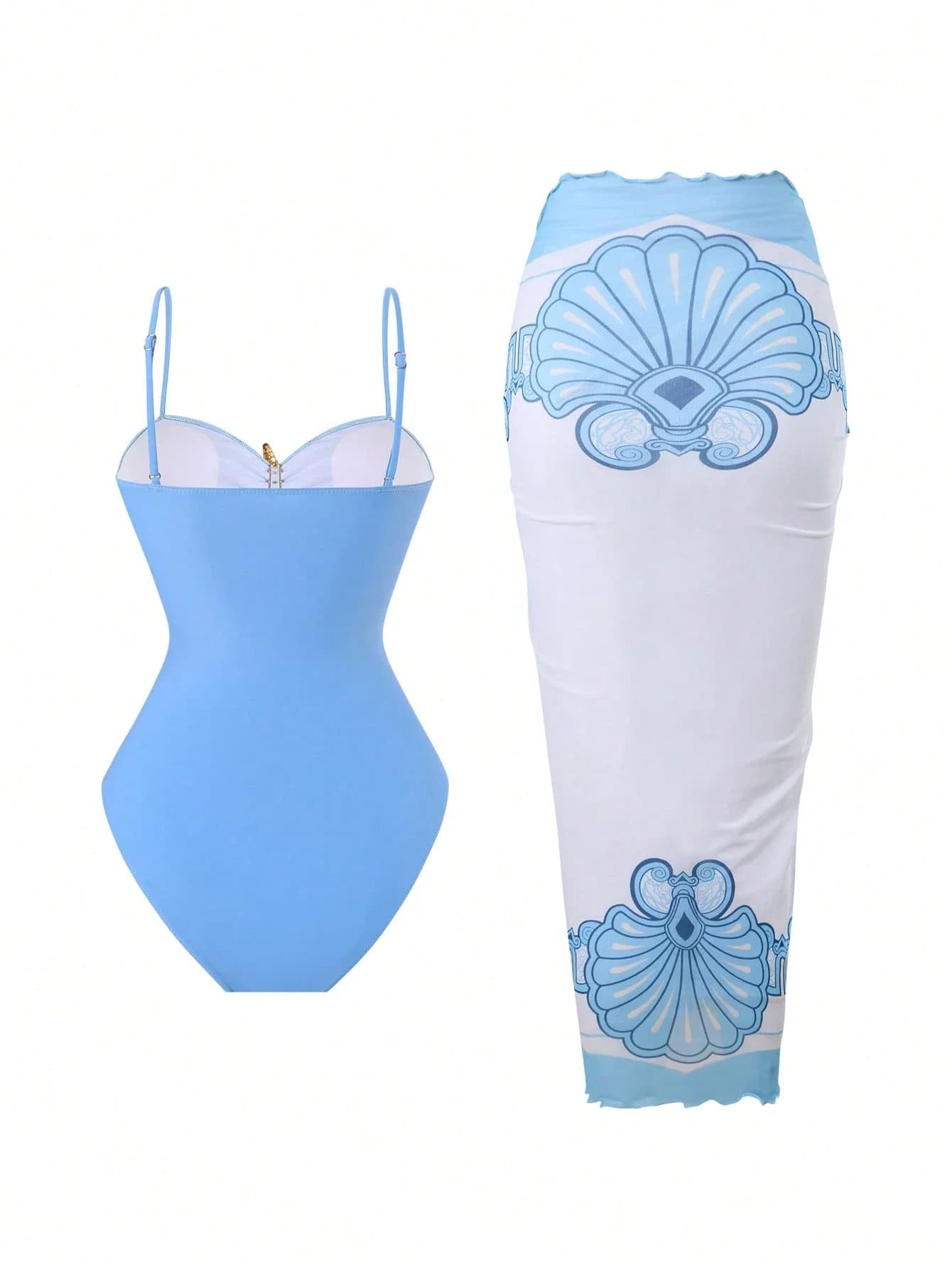 Costume intero azzurro con spalline regolabili, gonna lunga con stampa a conchiglie, controllo pancia e dettagli arricciati per le vacanze al mare
