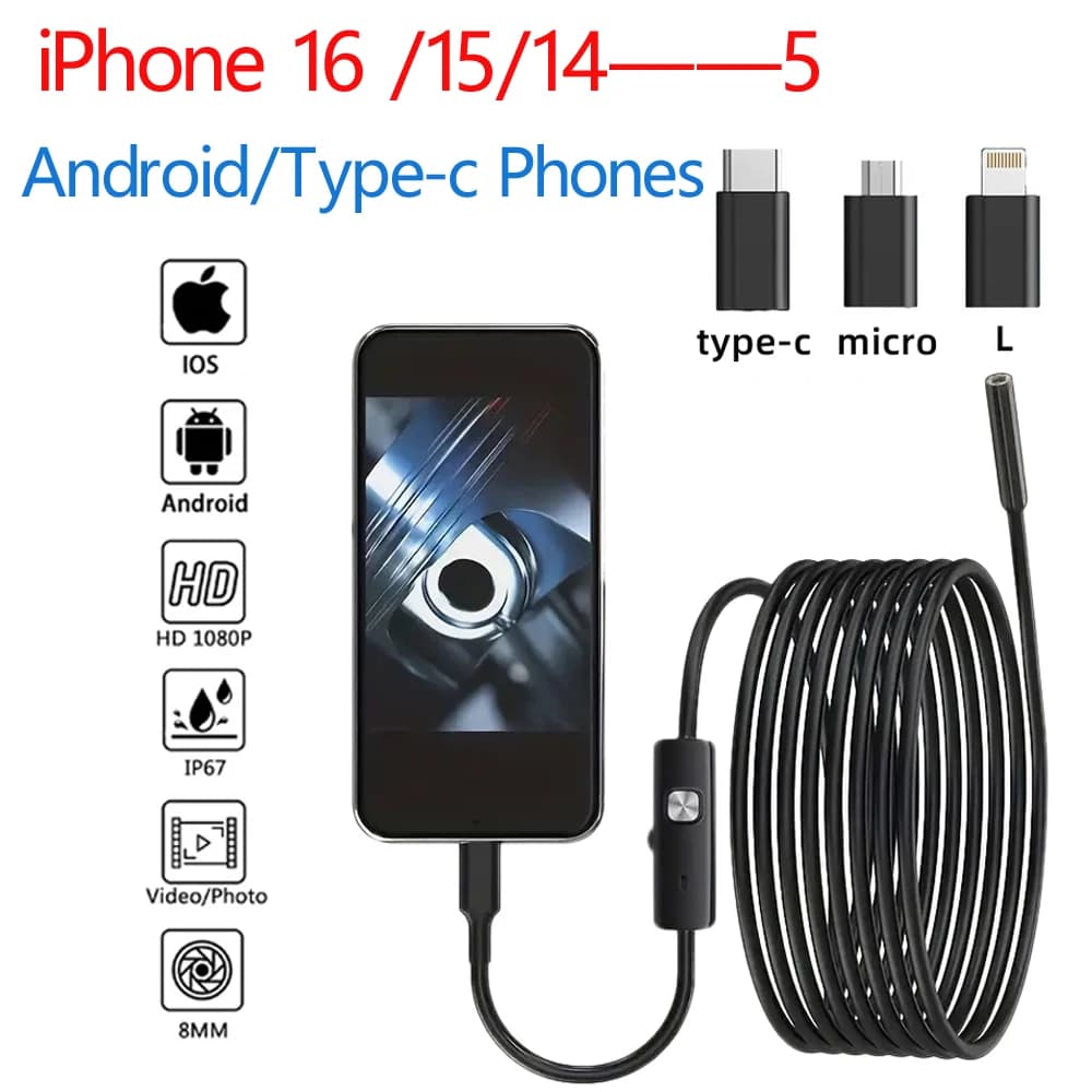 HD1920P Telecamera di ispezione endoscopio Tipo-C Mini telecamera di ispezione IP67 Periscopio per condotte fognarie per auto per Android IOS iphone