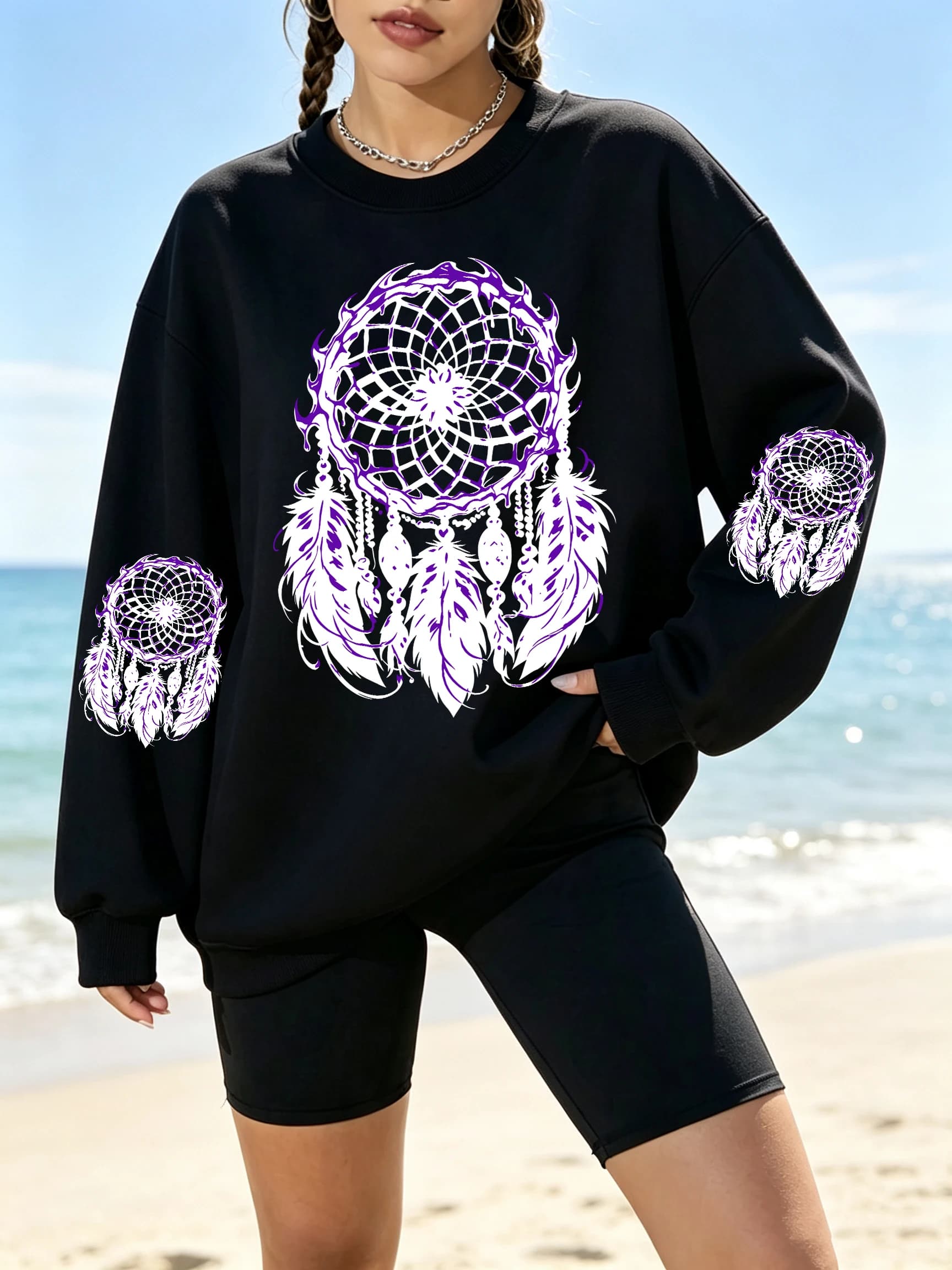 Gothic Purple Black Dreamcatcher Feathers Print Women Sweatshirt Jogging O-Neck Pullovers Fleece Clothes Autumn Loose Streetwear