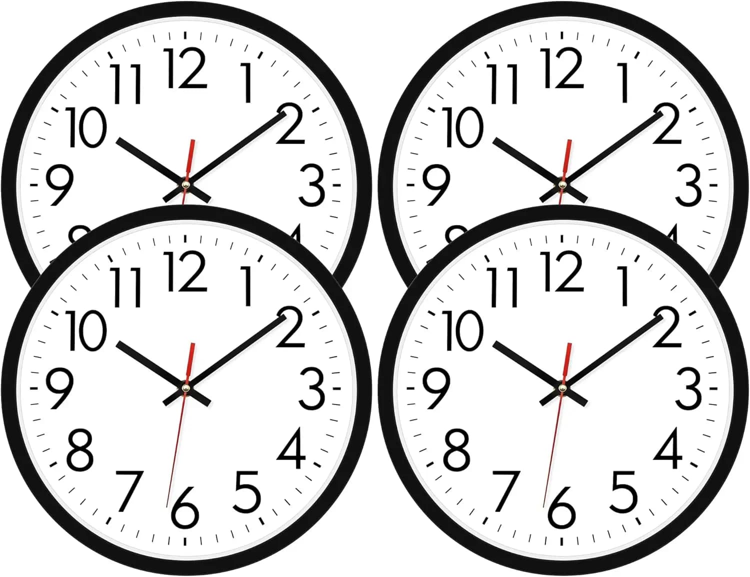 Set of 4 Black Wall Clocks, 12 Inches, Silent, Battery, No Ticking, Round Analogs, Modern Design for Home and Office