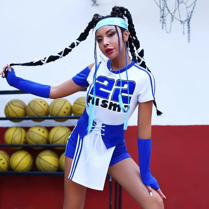 Cheerleader Costume Blue White Kpop Girl Group Stage Outfit Crop Top Skirt Set Sports Style Performance Wear New