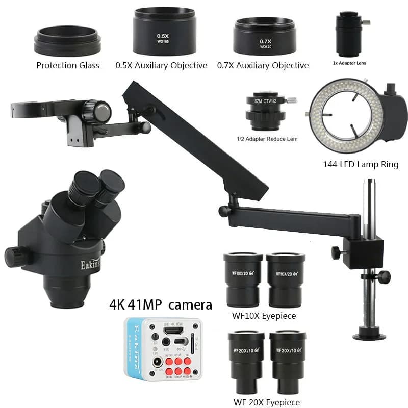 Microscopio Stereo Trinoculare da Laboratorio con Braccio Articolato 3.5X-90X Simul Focal, Videocamera Industriale HDMI USB 55MP 41MP