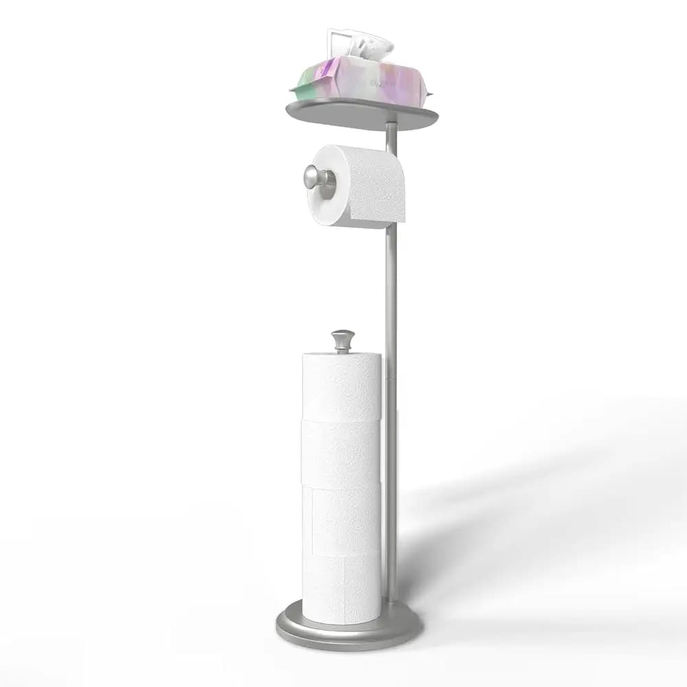 Portarotolo da terra con ripiano e spazio per piccoli oggetti da bagno, contiene 5 mega rotoli/telefono/ salviette, nichel